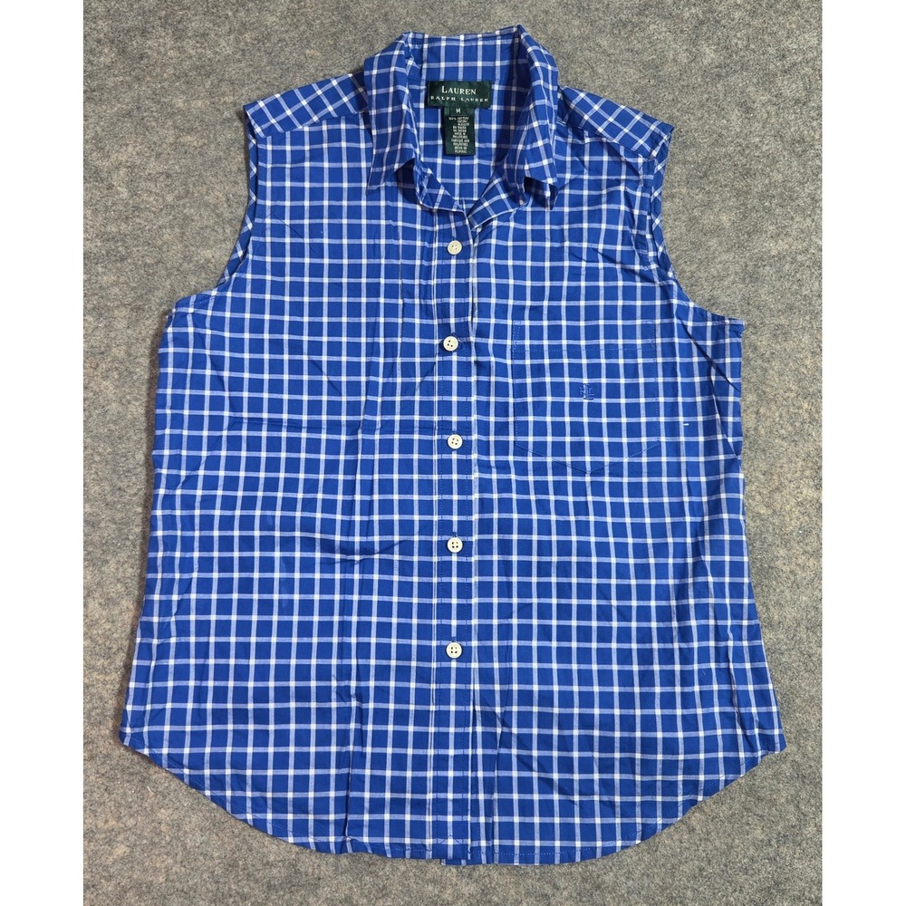 Lauren Ralph Lauren Womens Blue White Checkered Sleeveless Cotton Shirt Medium